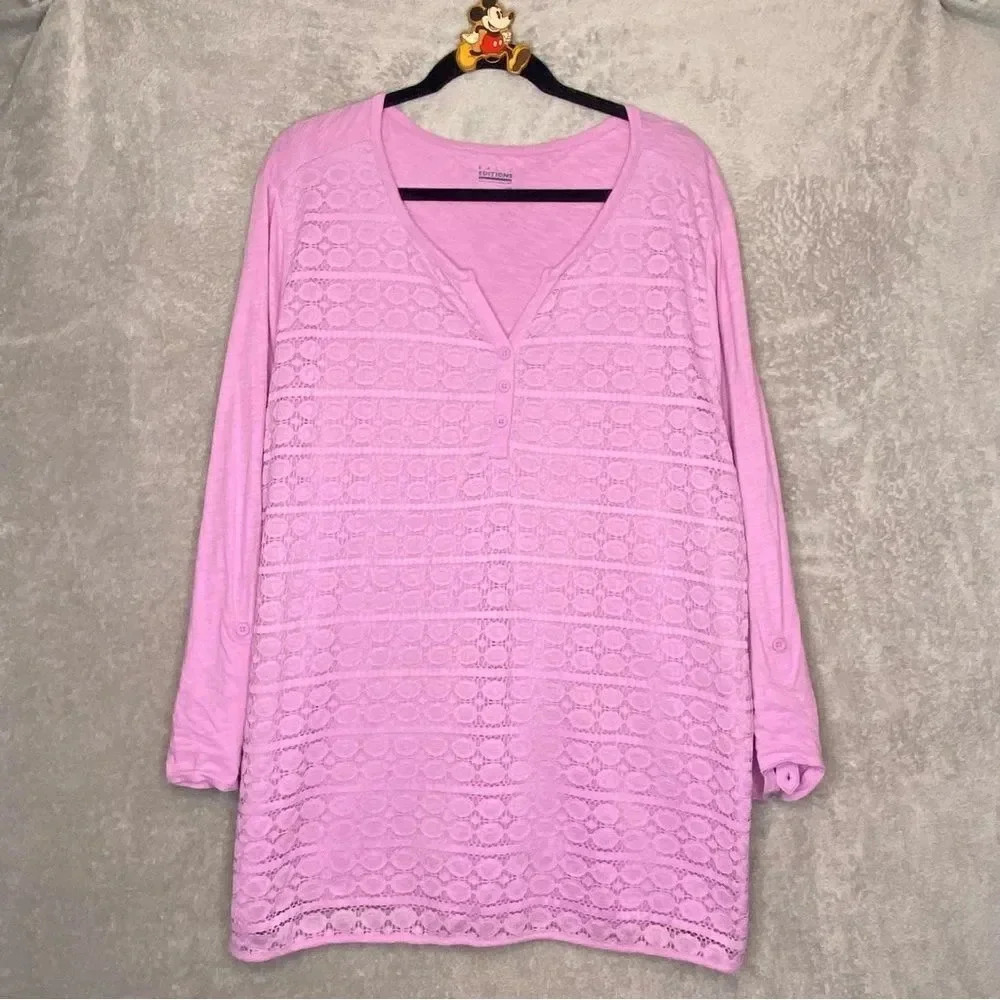 Basic editions 2X Top Shirt Purple Lace Over Henley Roll Tab Long Sleeve Cotton